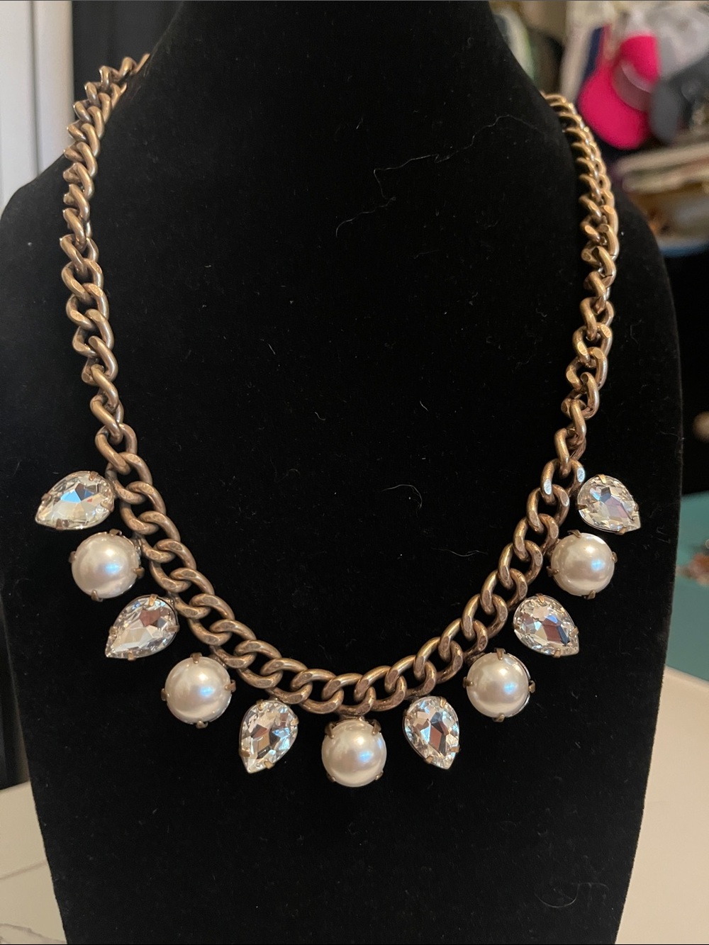 Gold-Tone Pearl & Crystal Teardrop Statement Necklace
